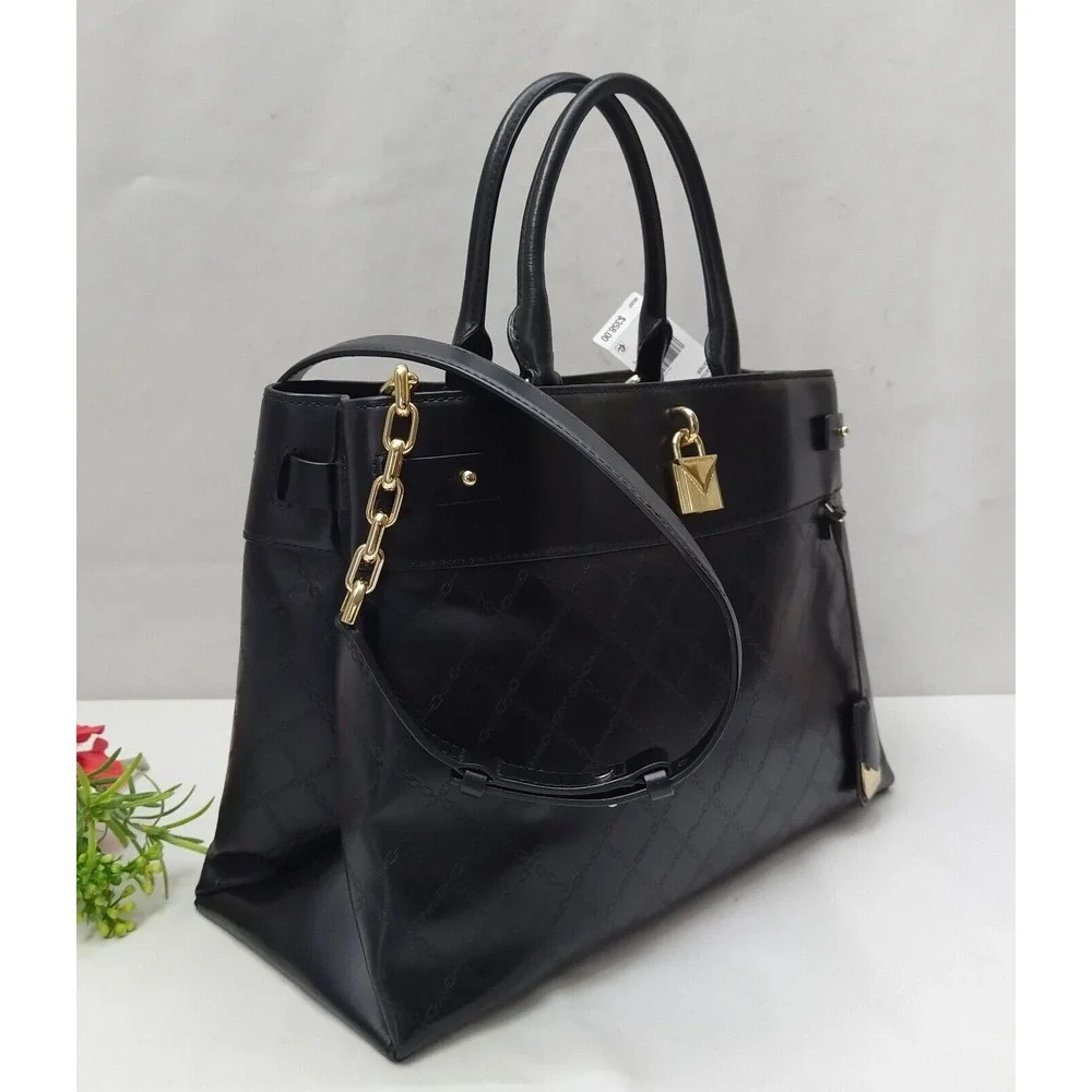 Michael Kors Gramercy Black Leather Lock Double Satchel Shoulder Bag - $358